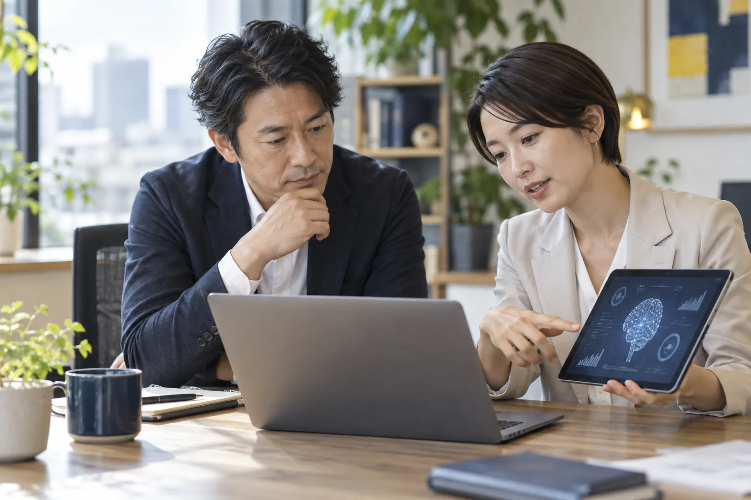 社長と社員がAIの新しい機能を確かめているイメージ写真