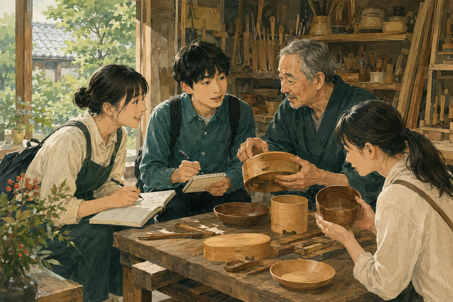 学生が地域の工房を訪ね、職人の話を聞きながら新しい問いを見つけるイラスト