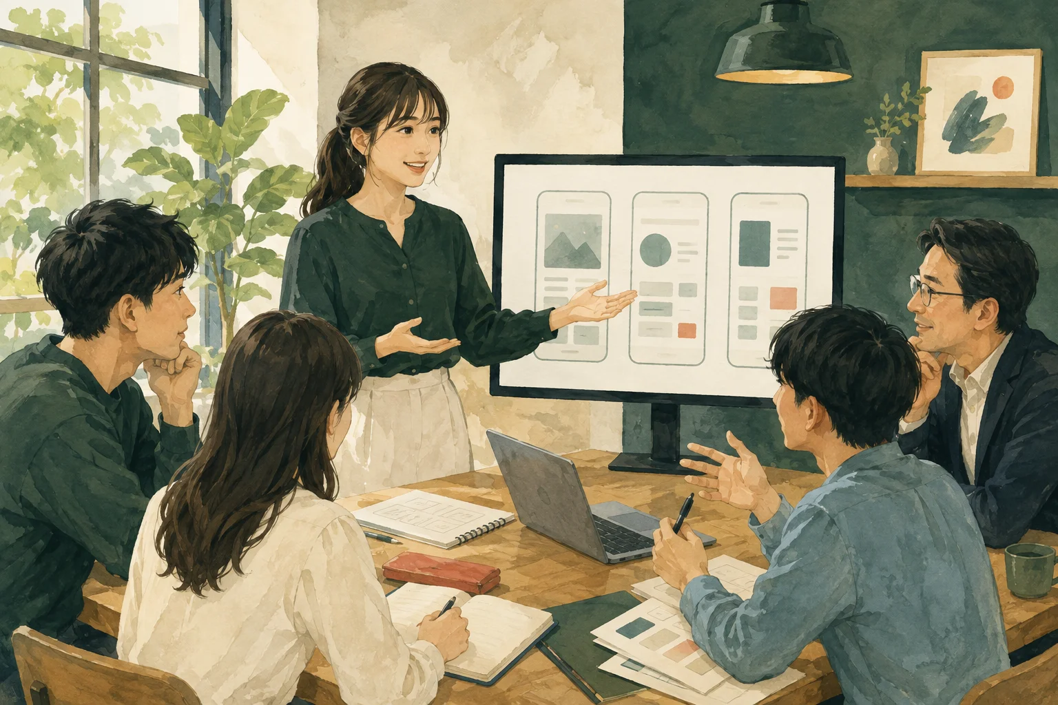学生が自分でつくったアプリを発表し、仲間と意見を交わすイラスト