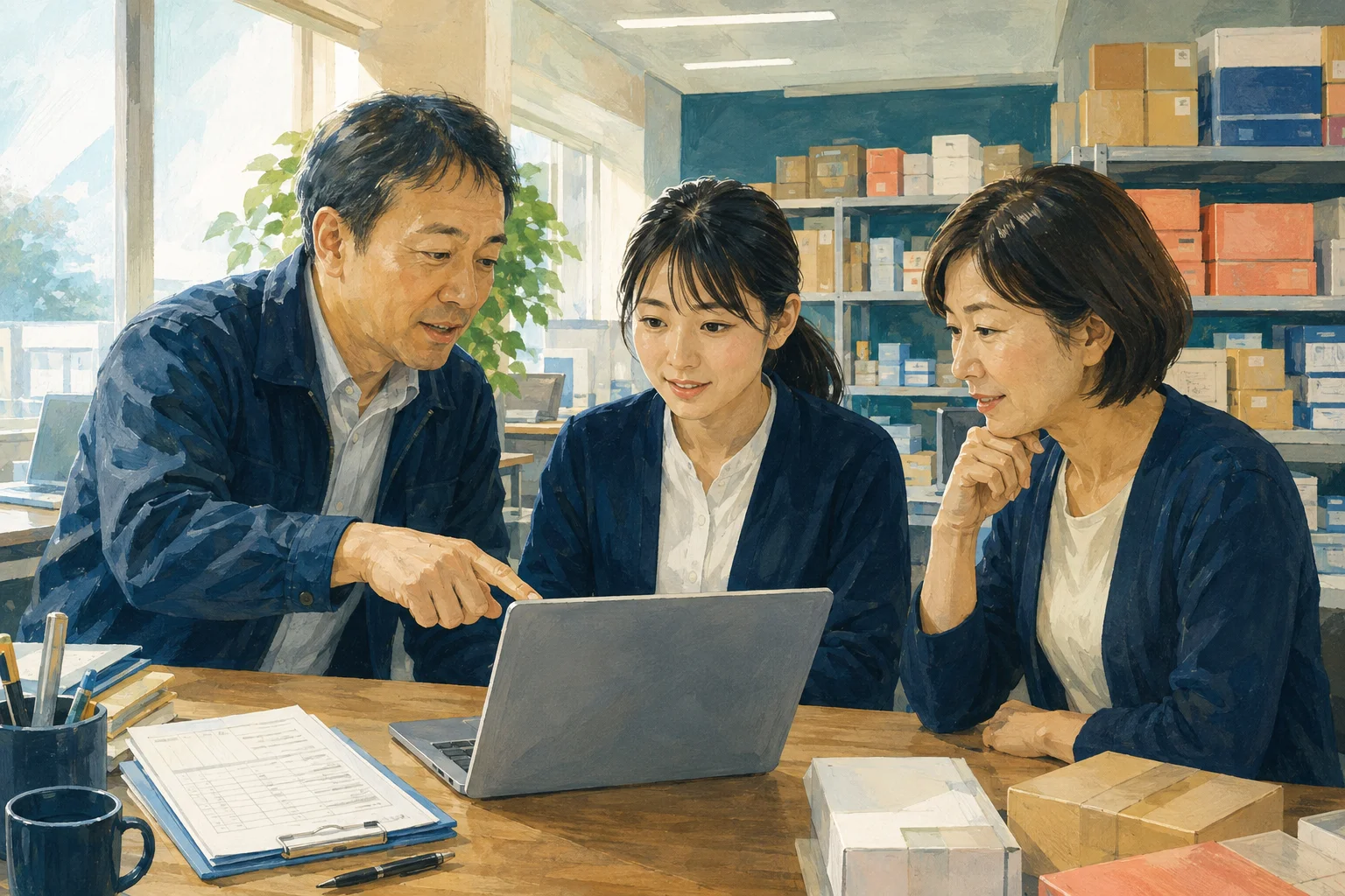 若手と社員が職場の課題を一緒に考えるイラスト