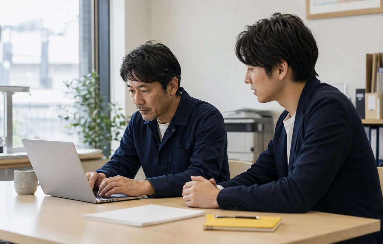 経営者が自らパソコンを操作し、支援者と一緒に取り組むイメージ