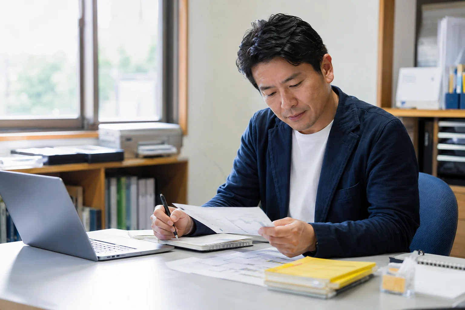 資料とパソコンを使い、自分の事業のアイデアを整理する経営者のイメージ